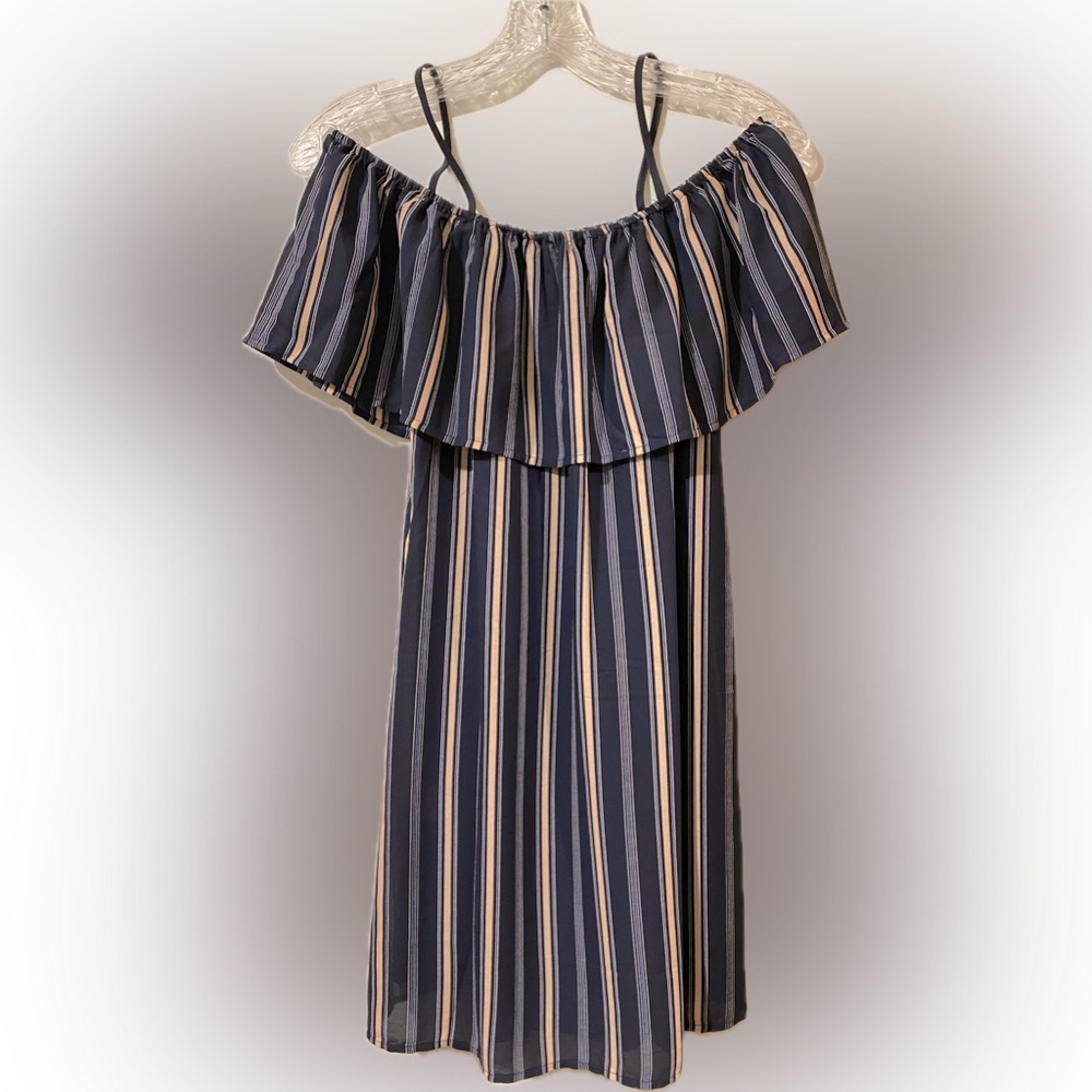 Ruffle top off the shoulder dress in stripes